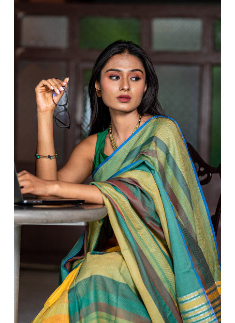 Green with Yellow, Handwoven Organic Cotton, Multi Textured Weave , Jacquard, Work Wear Saree (NO BLOUSE)